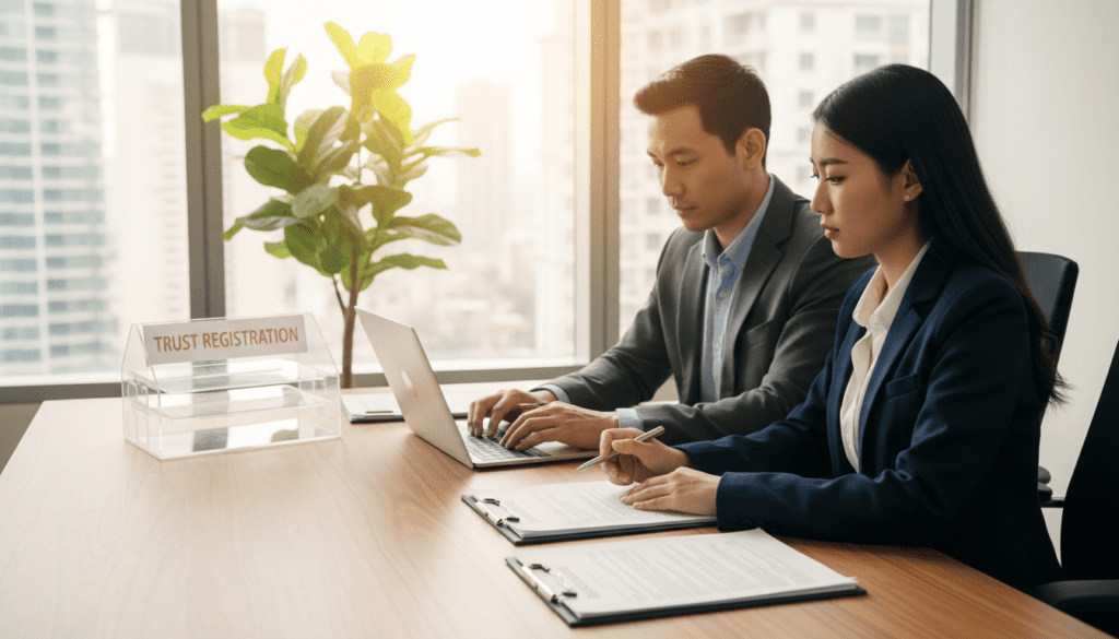 A professional office setting focusing on the registration of a trust. In the foreground, a diverse group of two business professionals, one male and one female, are seated at a desk covered with papers, a laptop, and official documents related to trust registration. The male is reviewing a document with a pen in hand, while the female is typing on the laptop, both dressed in smart business attire. In the middle, a file organizer labeled ‘Trust Registration’ is neatly placed alongside a potted plant. The background features a large window letting in natural light, casting a warm glow on the scene. The mood is focused and professional, conveying the seriousness of trustee obligations. Utilize soft, balanced lighting to enhance the atmosphere.