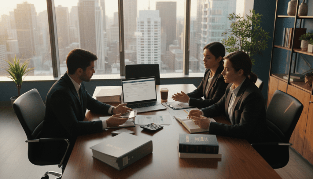A professional office setting illustrating a trust registration service. In the foreground, a diverse group of three businesspeople—two men and one woman—are discussing trust documents at a sleek conference table, all wearing smart business attire. In the middle ground, documents and a laptop open displaying trust registration forms, alongside a calculator and a legal book, create an impression of serious work. The background reveals a large window with soft natural light streaming in, showcasing a city skyline. The atmosphere is focused and professional, with a slight warm tone to evoke trust and reliability. The camera angle is slightly elevated, capturing the entire scene for an overall sense of professionalism and diligence.