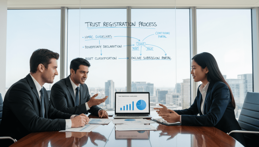A professional office setting illustrating the concept of a "trust registration service." In the foreground, a diverse group of three professionals in business attire engage in a discussion around a sleek conference table, with documents and a laptop displaying charts related to trust registration. The middle ground features a modern whiteboard filled with organized notes and flowcharts regarding HMRC regulations. In the background, large windows allow soft, natural light to illuminate the room, creating a bright, productive atmosphere. Use a wide-angle lens to capture the collaborative environment, with a focus on the professionals' engaged expressions. The mood is serious yet hopeful, conveying the importance of efficient trust registration.