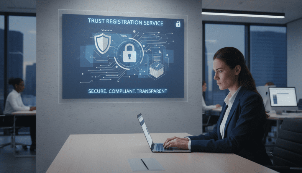 A professional office setting, illustrating the concept of the Trust Registration Service (TRS). In the foreground, a smartly dressed businesswoman sits at a sleek desk with a laptop open, focused on registering a trust online. Her expression is serious yet determined, embodying the importance of the registration process. In the middle ground, a large digital screen displays an abstract illustration of trust and compliance, incorporating elements like secure locks and documents. The background consists of a modern office environment with subtle lighting, soft shadows casting against the walls, enhancing the atmosphere of professionalism and trustworthiness. The color palette features soothing blues and whites, promoting a sense of clarity and organization. The overall mood is serious yet hopeful, reflecting the significance of the trust registration process. A professional office setting, illustrating the concept of the Trust Registration Service (TRS). In the foreground, a smartly dressed businesswoman sits at a sleek desk with a laptop open, focused on registering a trust online. Her expression is serious yet determined, embodying the importance of the registration process. In the middle ground, a large digital screen displays an abstract illustration of trust and compliance, incorporating elements like secure locks and documents. The background consists of a modern office environment with subtle lighting, soft shadows casting against the walls, enhancing the atmosphere of professionalism and trustworthiness. The color palette features soothing blues and whites, promoting a sense of clarity and organization. The overall mood is serious yet hopeful, reflecting the significance of the trust registration process.
