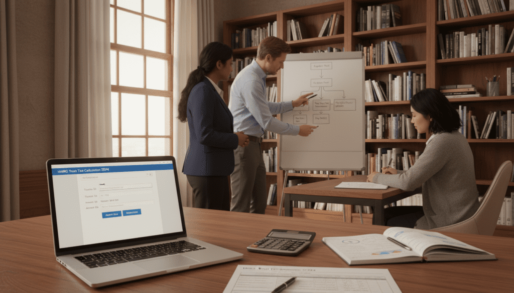 A professional office setting showcases a detailed step-by-step overview of the HMRC trust tax payment process. In the foreground, a wooden desk is neatly arranged with a laptop open to a digital tax payment portal, surrounded by financial documents and a calculator. In the middle ground, a diverse group of three individuals in professional business attire—two adults discussing while pointing at a financial chart, and one writing notes—illustrate collaboration among trustees. The background features large windows with natural light streaming in, casting soft shadows, and a bookshelf filled with finance and tax-related literature. The atmosphere is calm and focused, evoking a sense of professionalism and clarity in navigating tax obligations. The image should be well-lit, using a warm color palette to create an inviting environment suitable for discussing financial matters.