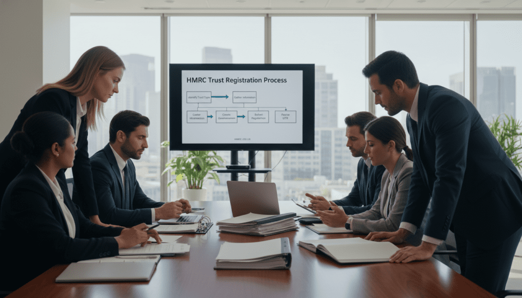 A professional office setting showcasing a business meeting about trust registration with HMRC. In the foreground, a diverse group of individuals dressed in smart business attire (suits, blouses) are attentively discussing around a large wooden table, with paperwork and documents spread out. The middle ground features a large digital screen displaying a simple timeline or flowchart about trust registration processes. In the background, large windows allow soft natural light to illuminate the room, creating a calm yet focused atmosphere. The mood is serious and professional, reflecting the importance of the discussion. The composition is captured at a slight angle, emphasizing engagement and collaboration, while maintaining a clean, uncluttered look. A professional office setting showcasing a business meeting about trust registration with HMRC. In the foreground, a diverse group of individuals dressed in smart business attire (suits, blouses) are attentively discussing around a large wooden table, with paperwork and documents spread out. The middle ground features a large digital screen displaying a simple timeline or flowchart about trust registration processes. In the background, large windows allow soft natural light to illuminate the room, creating a calm yet focused atmosphere. The mood is serious and professional, reflecting the importance of the discussion. The composition is captured at a slight angle, emphasizing engagement and collaboration, while maintaining a clean, uncluttered look.