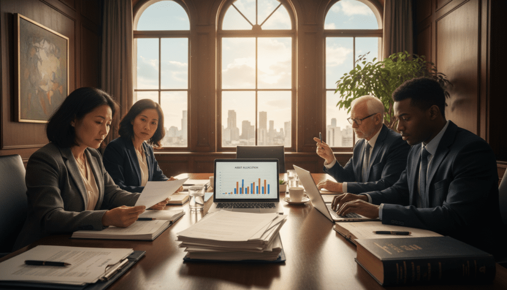 A professional office setting showcasing a diverse group of trustees engaged in a serious discussion. In the foreground, a middle-aged woman in a smart blazer examines financial documents, with a focused expression. Beside her, a young man in a tailored suit is taking notes on a laptop, while an elderly gentleman, wearing glasses, gestures thoughtfully. In the middle ground, a large conference table is strewn with paperwork, trust-related legal books, and a laptop displaying graphs. The background features an elegant office with large windows that let in soft, natural lighting, illuminating the scene with a warm, trustworthy atmosphere. Capture this image from a slightly elevated angle, giving an overview of the collaborative environment, emphasizing professionalism and the importance of the trustees' duty. A professional office setting showcasing a diverse group of trustees engaged in a serious discussion. In the foreground, a middle-aged woman in a smart blazer examines financial documents, with a focused expression. Beside her, a young man in a tailored suit is taking notes on a laptop, while an elderly gentleman, wearing glasses, gestures thoughtfully. In the middle ground, a large conference table is strewn with paperwork, trust-related legal books, and a laptop displaying graphs. The background features an elegant office with large windows that let in soft, natural lighting, illuminating the scene with a warm, trustworthy atmosphere. Capture this image from a slightly elevated angle, giving an overview of the collaborative environment, emphasizing professionalism and the importance of the trustees' duty.