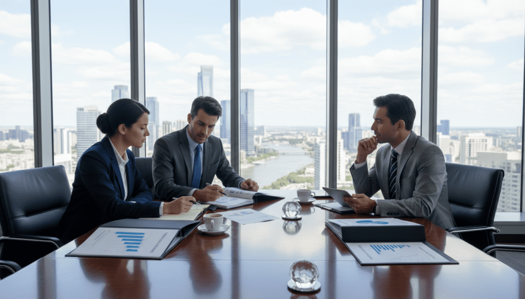 A professional office setting showcasing a large boardroom table made of polished wood, with a backdrop of glass windows revealing a city skyline. In the foreground, a diverse group of three business professionals, two men and one woman, are engaged in a discussion around documents, all dressed in smart business attire. Soft, natural light filters through the windows, casting gentle shadows across the table. On the table, there are folders with graphs and charts symbolizing family wealth and trust, emphasizing clarity and teamwork. The atmosphere is focused and serious, reflecting the importance of trust management and exit charges in wealth protection. The angle captures the dynamics of conversation and the intent to strategize effectively.