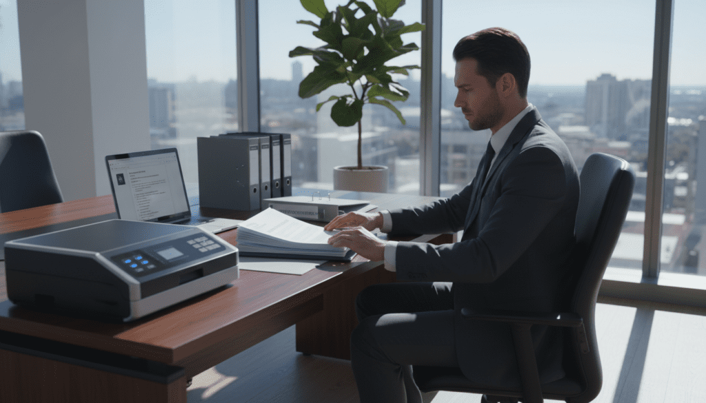 A professional office setting showcasing a trust registration service. In the foreground, a focused business professional in business attire is sitting at a desk, scanning trust documents using a high-quality scanner. The middle ground features a desktop with visible documents, a laptop displaying a secure email interface, and a potted plant for a touch of warmth. In the background, large windows allow natural light to fill the room, casting soft shadows and creating a serene atmosphere. The scene conveys a sense of efficiency and diligence, embodying best practices in document handling and trust registration processes. The angle is slightly elevated, offering a clear view of the entire setup while maintaining a polished, corporate vibe.