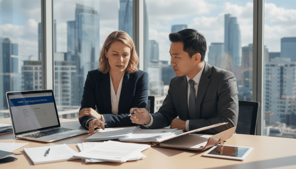 A professional office setting showcasing a trust registration service. In the foreground, a diverse group of two business professionals (a Caucasian woman and an Asian man) dressed in smart business attire, intently discussing trust documents on a modern wooden table. In the middle, various trust-related paperwork and a laptop displaying a website interface for HMRC Trust Registration Service. The background contains glass panels with the skyline of a city, reflecting a vibrant, modern atmosphere with natural light streaming in. The scene should convey a feeling of professionalism and trust, with soft, focused lighting highlighting the documents. Use a close-up angle to emphasize the interaction and the significance of the trust registration process. A professional office setting showcasing a trust registration service. In the foreground, a diverse group of two business professionals (a Caucasian woman and an Asian man) dressed in smart business attire, intently discussing trust documents on a modern wooden table. In the middle, various trust-related paperwork and a laptop displaying a website interface for HMRC Trust Registration Service. The background contains glass panels with the skyline of a city, reflecting a vibrant, modern atmosphere with natural light streaming in. The scene should convey a feeling of professionalism and trust, with soft, focused lighting highlighting the documents. Use a close-up angle to emphasize the interaction and the significance of the trust registration process.