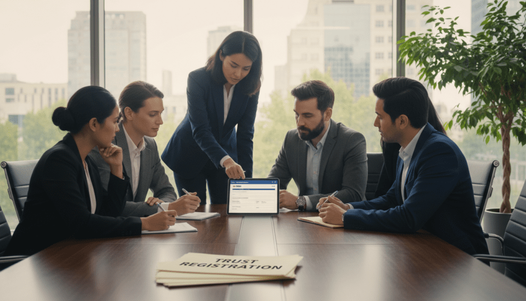 A professional office setting showing a diverse group of individuals gathered around a sleek conference table, attentively discussing the process of registering a trust with HMRC. In the foreground, a neatly arranged stack of documents labeled with "Trust Registration" is visible. The middle space features two professionals, a woman in a tailored suit and a man in smart business attire, pointing at a digital tablet displaying a registration form. In the background, large windows let in soft natural light, illuminating a modern office with plants and a hint of a city skyline. The atmosphere is focused and collaborative, conveying a sense of purpose and urgency in navigating legal requirements. The composition is vibrant yet professional, capturing the essence of trust management.