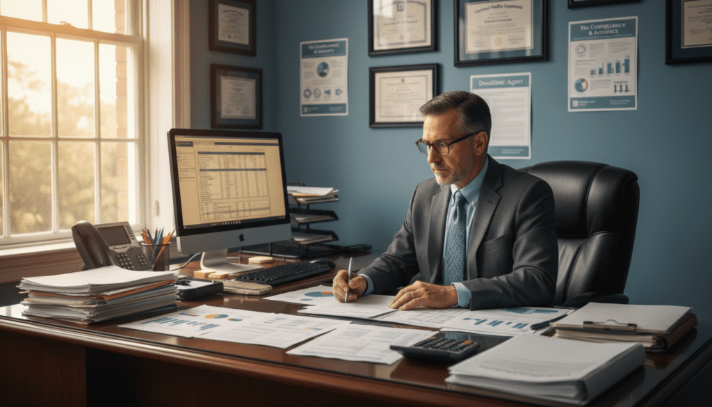 A professional office setting where a diligent accountant is focused on preparing tax return documents. In the foreground, a well-organized desk filled with spreadsheets, calculators, and financial reports, illuminated by soft, natural light from a nearby window. The middle ground features the accountant, a middle-aged individual dressed in formal business attire, intently reviewing income statements on the computer screen. The background showcases a wall adorned with framed certifications and tax-related posters, hinting at the importance of compliance and accuracy in tax reporting. The overall atmosphere is one of concentration and professionalism, with warm tones balancing the cool blue of the office technology. The viewpoint is slightly angled, capturing both the desk and the accountant in action, conveying a sense of diligence and attention to detail while avoiding distractions. A professional office setting where a diligent accountant is focused on preparing tax return documents. In the foreground, a well-organized desk filled with spreadsheets, calculators, and financial reports, illuminated by soft, natural light from a nearby window. The middle ground features the accountant, a middle-aged individual dressed in formal business attire, intently reviewing income statements on the computer screen. The background showcases a wall adorned with framed certifications and tax-related posters, hinting at the importance of compliance and accuracy in tax reporting. The overall atmosphere is one of concentration and professionalism, with warm tones balancing the cool blue of the office technology. The viewpoint is slightly angled, capturing both the desk and the accountant in action, conveying a sense of diligence and attention to detail while avoiding distractions.