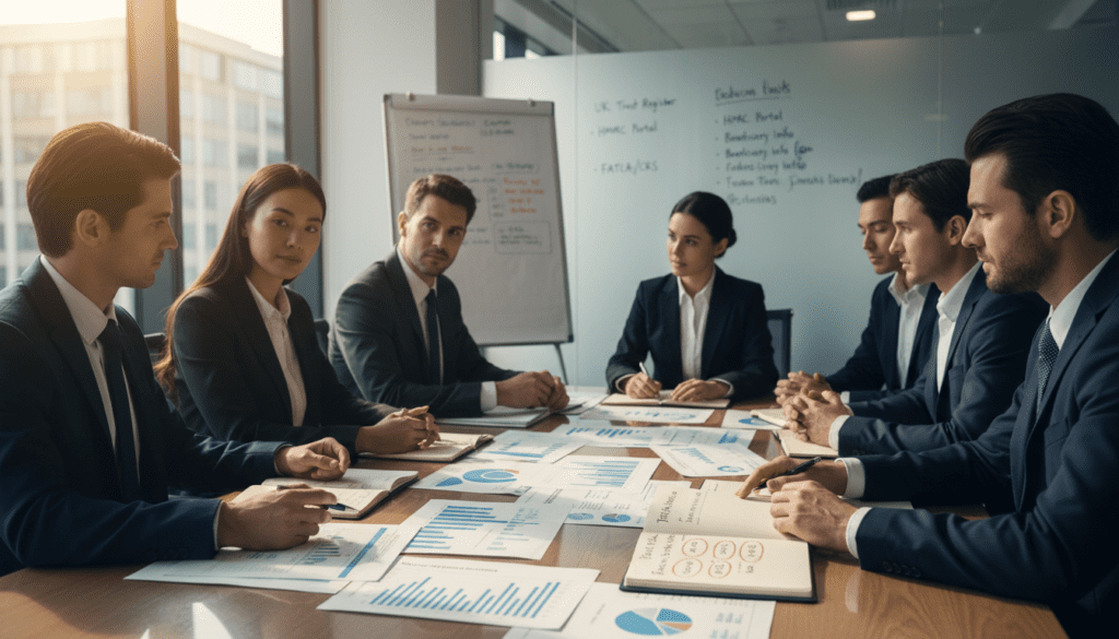 A professional office setting where a diverse group of individuals, dressed in business attire, are engaged in a discussion around a conference table covered with documents and charts related to trust registration. In the foreground, a close-up of hands pointing at a document labeled “Trust Registration Guidelines” with a calendar showing important deadlines in the background. The middle ground features a whiteboard filled with notes and deadlines related to trust registration in the UK, while a large window allows soft, natural light to flood the room, creating a calm and focused atmosphere. The overall mood should convey a sense of importance and professionalism, reflecting the gravity of trust registration and compliance. The camera angle is slightly above eye level, giving an overview of the collaboration in the room.