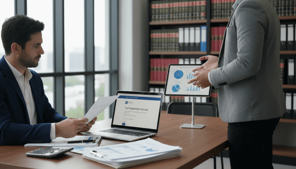 A professional office setting with a bright, natural light flooding in through large windows, showcasing a modern workspace. In the foreground, a neatly organized desk features a laptop opened to the Trust Registration Service webpage, papers, and a calculator. To the left, a concerned individual in professional business attire reviews documents on the desk with a focused expression, while another person, also dressed in business attire, gestures towards a tablet displaying graphs and charts. In the background, shelves filled with legal books and neatly arranged files create an atmosphere of professionalism and organization. The overall mood is one of seriousness and diligence, with soft lighting casting subtle shadows, emphasizing the importance of closing a trust correctly.