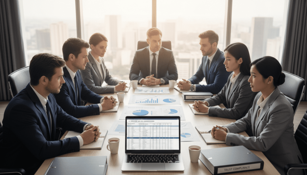 A professional office setting with a focus on a conference table where a diverse group of trustees, dressed in sharp business attire, are engaged in a discussion about AEOI reporting. In the foreground, an open laptop displays financial spreadsheets and compliance documents. The middle ground features charts and graphs illustrating data on tax compliance efforts. In the background, large windows let in soft natural light, creating a warm, inviting atmosphere. The angle is slightly overhead to capture all elements. The mood is serious but collaborative, reflecting the urgency of ensuring trust compliance beyond HMRC registration. The color palette is composed of corporate tones—blues, whites, and grays—to emphasize professionalism. A professional office setting with a focus on a conference table where a diverse group of trustees, dressed in sharp business attire, are engaged in a discussion about AEOI reporting. In the foreground, an open laptop displays financial spreadsheets and compliance documents. The middle ground features charts and graphs illustrating data on tax compliance efforts. In the background, large windows let in soft natural light, creating a warm, inviting atmosphere. The angle is slightly overhead to capture all elements. The mood is serious but collaborative, reflecting the urgency of ensuring trust compliance beyond HMRC registration. The color palette is composed of corporate tones—blues, whites, and grays—to emphasize professionalism.