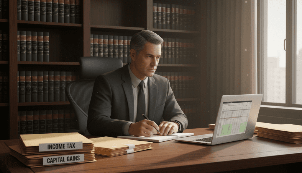 A professional office setting with a large wooden desk in the foreground, featuring neatly organized files, stacks of documents labeled "Income Tax" and "Capital Gains," and a laptop displaying a spreadsheet. In the middle, a business professional in conservative attire, a middle-aged individual with a focused expression, is looking intently at the laptop screen while taking notes on a notepad. The background reveals shelves filled with law books and tax guides, softly illuminated by a warm light from a nearby window, emphasizing a productive atmosphere. The overall mood reflects seriousness and focus, conveying the critical nature of managing taxable trusts and obligations in a professional context. Soft shadows enhance the depth of the scene, creating an inviting yet serious ambiance. A professional office setting with a large wooden desk in the foreground, featuring neatly organized files, stacks of documents labeled "Income Tax" and "Capital Gains," and a laptop displaying a spreadsheet. In the middle, a business professional in conservative attire, a middle-aged individual with a focused expression, is looking intently at the laptop screen while taking notes on a notepad. The background reveals shelves filled with law books and tax guides, softly illuminated by a warm light from a nearby window, emphasizing a productive atmosphere. The overall mood reflects seriousness and focus, conveying the critical nature of managing taxable trusts and obligations in a professional context. Soft shadows enhance the depth of the scene, creating an inviting yet serious ambiance.