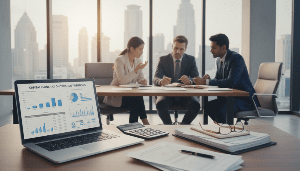 A professional office setting with a modern desk in the foreground, featuring a laptop displaying financial data related to capital gains tax on trust distributions. On the desk, there are neatly stacked documents, a calculator, and a pair of glasses. In the middle ground, a diverse group of three business professionals (two men and one woman), dressed in smart business attire, engaging in discussion over the documents with focused expressions. The background shows a bright, well-lit office with large windows revealing a cityscape outside, symbolizing growth and opportunity. Soft, natural lighting fills the room, creating a serious yet optimistic atmosphere, emphasizing the subject of capital assets and financial responsibility. A professional office setting with a modern desk in the foreground, featuring a laptop displaying financial data related to capital gains tax on trust distributions. On the desk, there are neatly stacked documents, a calculator, and a pair of glasses. In the middle ground, a diverse group of three business professionals (two men and one woman), dressed in smart business attire, engaging in discussion over the documents with focused expressions. The background shows a bright, well-lit office with large windows revealing a cityscape outside, symbolizing growth and opportunity. Soft, natural lighting fills the room, creating a serious yet optimistic atmosphere, emphasizing the subject of capital assets and financial responsibility.