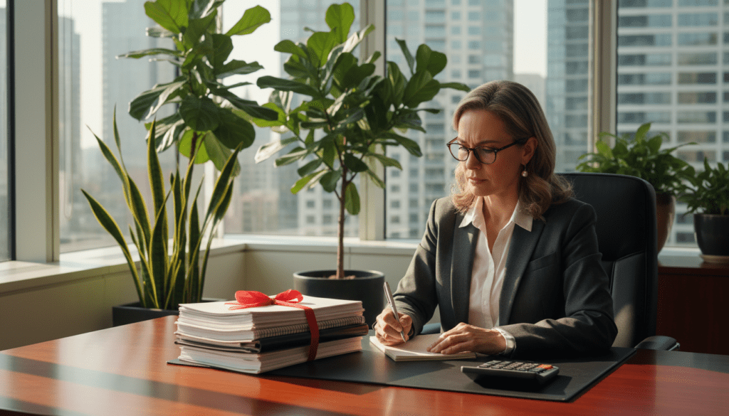 A professional office setting with a polished wooden desk in the foreground, featuring a neatly organized stack of financial documents and a calculator, symbolizing trust income management. In the middle ground, a focused individual in business attire, a middle-aged man or woman, is examining the documents with a thoughtful expression, surrounded by potted plants for a touch of greenery. The background shows a modern office with large windows, letting in warm, natural light that casts soft shadows, creating an inviting atmosphere. A hint of a city skyline can be seen through the windows, emphasizing a professional environment. The overall mood is serious yet optimistic, reflecting the diligent process of calculating tax for trust income. A professional office setting with a polished wooden desk in the foreground, featuring a neatly organized stack of financial documents and a calculator, symbolizing trust income management. In the middle ground, a focused individual in business attire, a middle-aged man or woman, is examining the documents with a thoughtful expression, surrounded by potted plants for a touch of greenery. The background shows a modern office with large windows, letting in warm, natural light that casts soft shadows, creating an inviting atmosphere. A hint of a city skyline can be seen through the windows, emphasizing a professional environment. The overall mood is serious yet optimistic, reflecting the diligent process of calculating tax for trust income.