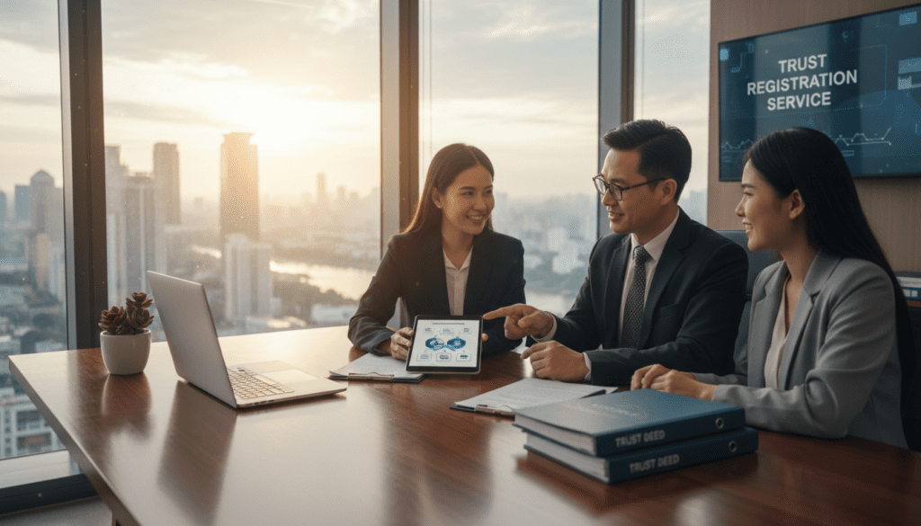 A professional office setting, with a polished wooden desk in the foreground, showcasing a laptop, legal documents, and a decorative potted plant. In the middle, a diverse group of three individuals in business attire discuss trust registration services, with one person pointing to a digital tablet. The background features a large window revealing a cityscape bathed in soft morning light, creating an atmosphere of trust and professionalism. The overall mood is collaborative and focused, emphasizing the importance of trust registration. The image should have a bright, natural lighting effect, and focus on capturing the essence of teamwork and financial responsibility, conveying the significance of the Trust Registration Service. A professional office setting, with a polished wooden desk in the foreground, showcasing a laptop, legal documents, and a decorative potted plant. In the middle, a diverse group of three individuals in business attire discuss trust registration services, with one person pointing to a digital tablet. The background features a large window revealing a cityscape bathed in soft morning light, creating an atmosphere of trust and professionalism. The overall mood is collaborative and focused, emphasizing the importance of trust registration. The image should have a bright, natural lighting effect, and focus on capturing the essence of teamwork and financial responsibility, conveying the significance of the Trust Registration Service.