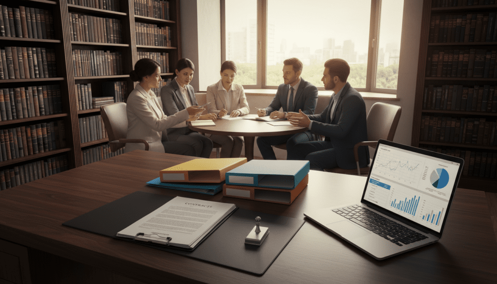 A professional office setting with a wooden desk as the foreground, featuring a neatly arranged stack of paperwork, colorful files, and a laptop with graphs and data displayed on the screen. In the middle layer, a diverse group of business professionals dressed in smart attire—men and women engaged in discussion, pointing at documents, or taking notes, radiating a sense of collaboration and focus. The background showcases bookshelves filled with legal texts and reference materials, softly illuminated by warm, natural light filtering through a window, creating an inviting and productive atmosphere. The angle should be slightly elevated, capturing the energy of the team as they gather crucial information to register a trust, emphasizing clarity and purpose in their work. A professional office setting with a wooden desk as the foreground, featuring a neatly arranged stack of paperwork, colorful files, and a laptop with graphs and data displayed on the screen. In the middle layer, a diverse group of business professionals dressed in smart attire—men and women engaged in discussion, pointing at documents, or taking notes, radiating a sense of collaboration and focus. The background showcases bookshelves filled with legal texts and reference materials, softly illuminated by warm, natural light filtering through a window, creating an inviting and productive atmosphere. The angle should be slightly elevated, capturing the energy of the team as they gather crucial information to register a trust, emphasizing clarity and purpose in their work.