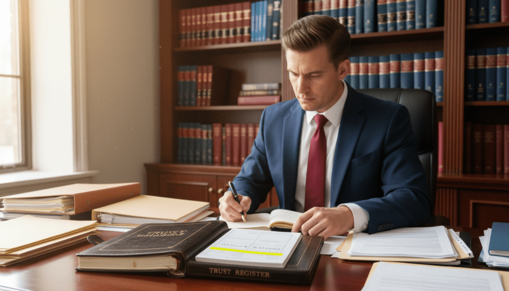 A professional office setting with a wooden desk filled with neatly organized files and documents. In the foreground, a close-up view of a handsomely bound trust register with a highlighted date marked for updates, symbolizing the importance of accuracy in trust documentation. In the middle ground, a business professional, dressed in formal attire, studies the register with a focused expression, holding a pen poised above a notepad, ready to make notes. The background features a well-lit bookshelf filled with legal books and binders, reinforcing the theme of diligence and accuracy in legal matters. Soft, natural light filters through a window, creating a calm, professional atmosphere that emphasizes clarity and attention to detail.