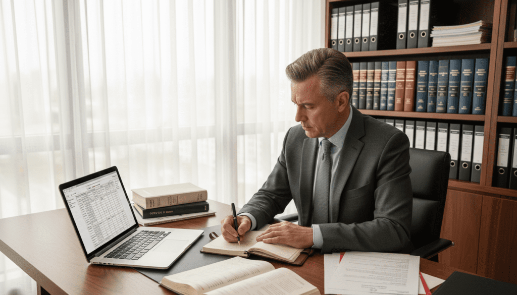 A professional office setting with a wooden desk in the foreground, featuring a laptop showing a spreadsheet of trust details on its screen. To the side, a well-dressed individual, a middle-aged man in a suit, is diligently making notes in a notebook, displaying focus and attention to detail. In the middle ground, an organized bookshelf filled with financial documents and trust-related books, indicating knowledge and preparation. In the background, a large window with soft, natural light pouring in, creating a warm, inviting atmosphere. The overall mood conveys a sense of responsibility and professionalism, emphasizing the importance of keeping trust details updated. The image should be bright, well-lit, and in sharp focus, captured from a slightly angled perspective to provide depth.