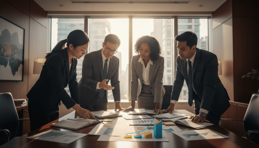 A professional office setting with an elegant wooden desk in the foreground, showcasing organized financial documents and colorful charts symbolizing "Schedule 3A trusts." In the middle ground, a diverse group of professionals in business attire are gathered around the desk, deeply engaged in discussion over the paperwork, demonstrating collaboration and expertise. In the background, a large window filters in soft natural light, illuminating the room and creating a warm, productive atmosphere. The scene conveys a sense of professionalism and focus, emphasizing the intricate details of trust registration without any text or distractions. The overall mood is serious yet optimistic, reflecting the importance of financial planning.
