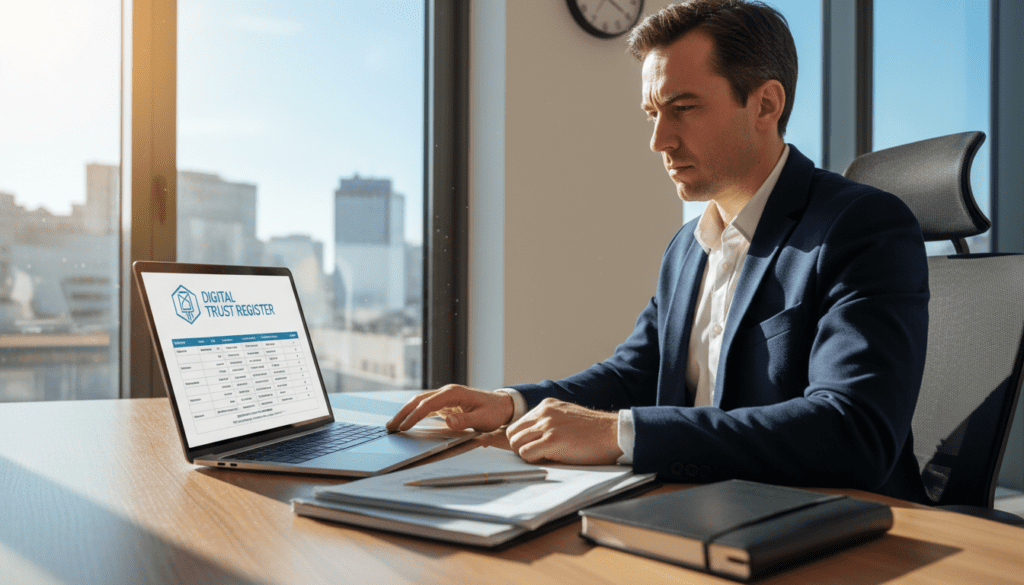 A professional office workspace featuring a modern wooden desk with a sleek laptop open, displaying a digital trust register interface. In the foreground, a set of documents and a pen lie neatly arranged, hinting at organization and careful planning. In the middle, a focused business professional, dressed in smart attire, is seen reviewing details on the laptop screen, with a look of concentration emphasizing the importance of updating the Trust Register. In the background, a large window reveals a bright, sunny day, casting natural light that enhances the warm, productive atmosphere. The scene conveys a sense of urgency and diligence, highlighting the need to meet deadlines while maintaining a professional environment.