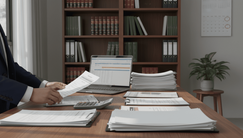 A professional office workspace featuring a wooden desk cluttered with essential documents for trust registration, including forms, a calculator, and a laptop displaying a spreadsheet. In the foreground, a pair of hands in business attire carefully sorts through papers, illuminated by soft, natural light streaming through a nearby window. The middle ground showcases a bookshelf filled with legal texts and financial guides, adding an academic feel to the scene. The background features a potted plant and a wall-mounted calendar, emphasizing organization and clarity. The atmosphere is focused and diligent, representing a serious approach to trust registration while maintaining a clean and polished appearance.