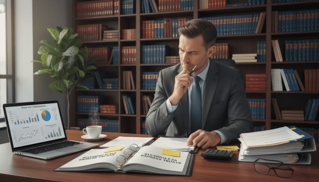 A professional setting depicting "Schedule 3A excluded express trusts" with a well-organized desk in the foreground featuring open legal documents, a laptop displaying graphs, and a calculator. In the middle, a focused business professional dressed in smart attire analyzes paperwork, with a thoughtful expression. Papers are neatly arranged, highlighting key sections about trust exemptions. In the background, a large bookshelf filled with law books and statutes creates a scholarly ambiance. Soft, natural lighting illuminates the scene, casting gentle shadows, while a hint of greenery from a nearby potted plant adds warmth. The mood is serious and contemplative, capturing the essence of legal procedural discussions. A professional setting depicting "Schedule 3A excluded express trusts" with a well-organized desk in the foreground featuring open legal documents, a laptop displaying graphs, and a calculator. In the middle, a focused business professional dressed in smart attire analyzes paperwork, with a thoughtful expression. Papers are neatly arranged, highlighting key sections about trust exemptions. In the background, a large bookshelf filled with law books and statutes creates a scholarly ambiance. Soft, natural lighting illuminates the scene, casting gentle shadows, while a hint of greenery from a nearby potted plant adds warmth. The mood is serious and contemplative, capturing the essence of legal procedural discussions.