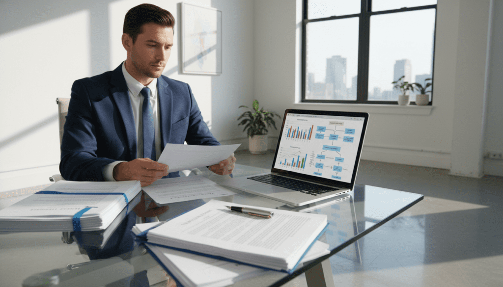 A professional setting depicting a bare trust concept, featuring a clear glass table in the foreground with neatly stacked legal documents and a pen. In the middle ground, a thoughtful trustee, dressed in a smart blue suit, is reviewing the paperwork while gazing over a laptop displaying financial graphs and trust structures. In the background, a minimalist office space with large windows allowing natural light to flood in, casting soft shadows that create an inviting atmosphere. The overall mood is focused and analytical, conveying professionalism and clarity. The camera angle is slightly above eye level, emphasizing the documents and the trustee's engagement with the subject matter. A professional setting depicting a bare trust concept, featuring a clear glass table in the foreground with neatly stacked legal documents and a pen. In the middle ground, a thoughtful trustee, dressed in a smart blue suit, is reviewing the paperwork while gazing over a laptop displaying financial graphs and trust structures. In the background, a minimalist office space with large windows allowing natural light to flood in, casting soft shadows that create an inviting atmosphere. The overall mood is focused and analytical, conveying professionalism and clarity. The camera angle is slightly above eye level, emphasizing the documents and the trustee's engagement with the subject matter.