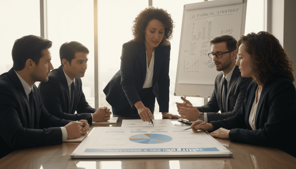 A professional setting depicting a diverse group of individuals, dressed in business attire, gathered around a conference table. In the foreground, a middle-aged woman points to a document illustrating varying trust types and their tax implications. The middle area features a chart with distinct categories labeled 'Discretionary Trust', 'Fixed Trust', and others, symbolizing different trust types. The background includes a whiteboard with financial diagrams, soft natural lighting filtering through a large window, creating a productive atmosphere. The lens perspective captures the collaborative spirit among the team as they analyze and discuss the essential details before proceeding with tax payments. The overall mood is focused, highlighting diligence and professionalism.