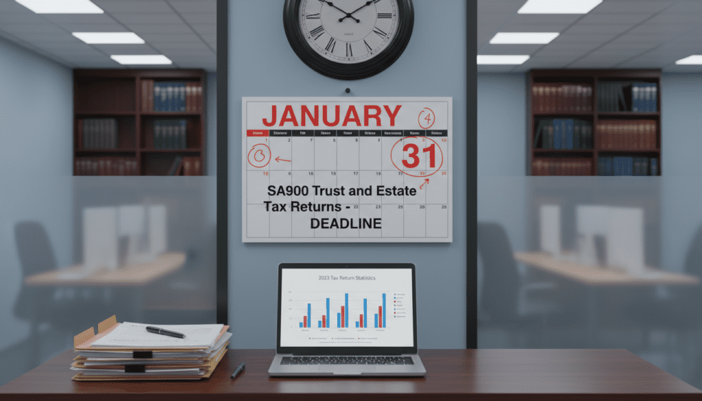 A professional setting depicting a well-organized desk with a large calendar prominently displaying looming deadlines, specifically for "SA900 Trust and Estate Tax Returns". In the foreground, a neatly arranged stack of documents and a laptop are visible, showcasing graphs and charts related to tax statistics. The middle ground features a wall clock with long, pronounced hands indicating urgency. In the background, there are soft, blurred outlines of a business office, with shelves of legal books and tax reference materials. The lighting is bright yet soft, creating a focused atmosphere. The mood conveys a sense of urgency and importance, reflecting the critical nature of meeting tax deadlines.