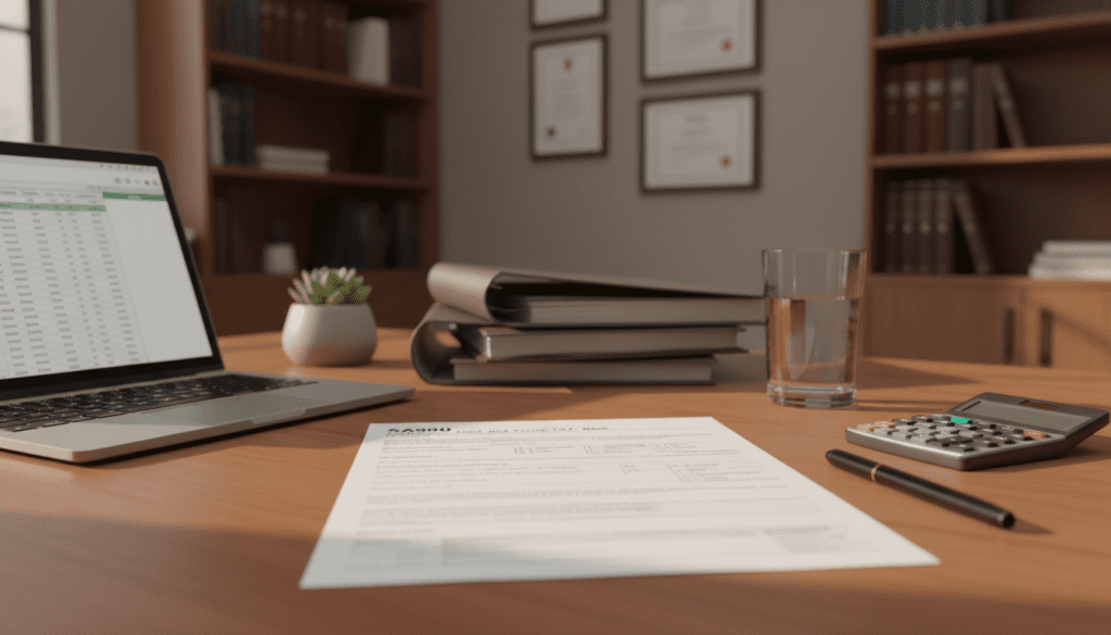 A professional setting featuring a well-organized desk with an emphasis on the SA900 trust and estate tax return form. In the foreground, a neatly filled-out SA900 form lies on a wooden desk, surrounded by a sleek laptop, a pen, and a calculator. The middle ground showcases a stack of financial documents and a clear glass with water. In the background, a softly illuminated office space with bookshelves and framed certificates adds depth to the scene. The lighting is warm and inviting, suggesting a productive work environment. The mood is focused and serious, ideal for understanding tax returns. Key elements are arranged to emphasize clarity and professionalism, avoiding any distractions. No people are present in the image.