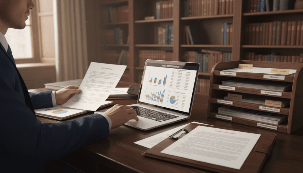 A professional setting featuring an elegant wooden desk cluttered with trust management documents and a laptop displaying graphs and financial data. In the foreground, a focused individual in business attire reviews the papers and types on the laptop, indicating an active involvement in managing trust details. The middle ground includes a close-up of a neatly organized filing system with labeled folders containing essential trust documents, emphasizing organization and attention to detail. The soft natural light streams in from a nearby window, creating a warm atmosphere. In the background, bookshelves lined with law and finance books add depth and context to the scene, suggesting a sophisticated understanding of trusts and estates. The overall mood is focused and professional, highlighting the importance of precise trust management. A professional setting featuring an elegant wooden desk cluttered with trust management documents and a laptop displaying graphs and financial data. In the foreground, a focused individual in business attire reviews the papers and types on the laptop, indicating an active involvement in managing trust details. The middle ground includes a close-up of a neatly organized filing system with labeled folders containing essential trust documents, emphasizing organization and attention to detail. The soft natural light streams in from a nearby window, creating a warm atmosphere. In the background, bookshelves lined with law and finance books add depth and context to the scene, suggesting a sophisticated understanding of trusts and estates. The overall mood is focused and professional, highlighting the importance of precise trust management.