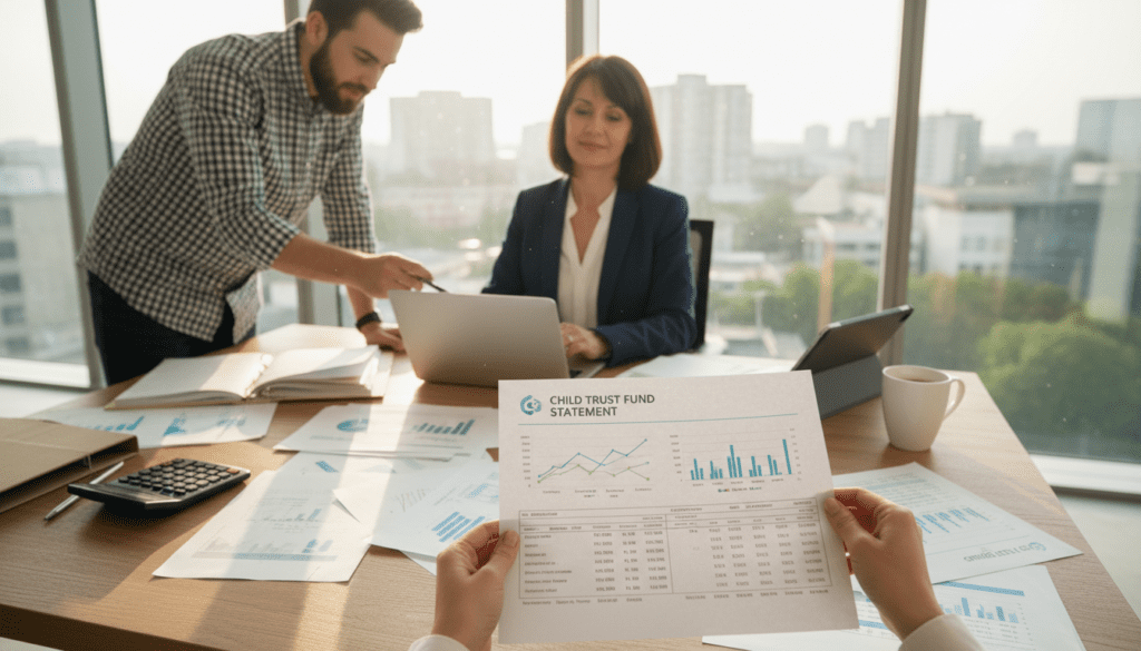 A professional setting in an office environment showcasing a diverse group of individuals, including a middle-aged woman in business attire calmly reviewing documentation on a laptop. In the foreground, a close-up of hands holding a Child Trust Fund statement with clear graphs and figures visible. In the middle ground, a desk cluttered with financial papers, a calculator, and a cup of coffee, symbolizing the detailed process of accessing the account. The background features a large window with soft, natural light streaming in, illuminating the space and creating a warm, inviting atmosphere. The overall mood is focused and optimistic, reflecting the process of managing financial resources effectively. A professional setting in an office environment showcasing a diverse group of individuals, including a middle-aged woman in business attire calmly reviewing documentation on a laptop. In the foreground, a close-up of hands holding a Child Trust Fund statement with clear graphs and figures visible. In the middle ground, a desk cluttered with financial papers, a calculator, and a cup of coffee, symbolizing the detailed process of accessing the account. The background features a large window with soft, natural light streaming in, illuminating the space and creating a warm, inviting atmosphere. The overall mood is focused and optimistic, reflecting the process of managing financial resources effectively.