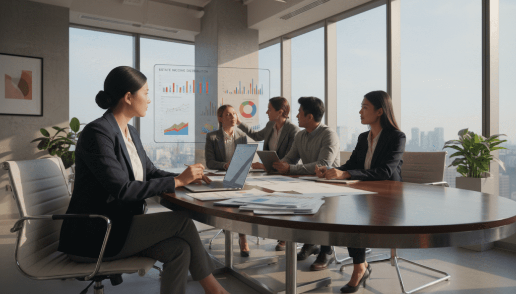 A professional setting showcasing a personal representative discussing estate income. In the foreground, a well-dressed individual, wearing smart business attire, is seated at a modern conference table with a laptop open, reviewing financial documents. In the middle ground, a diverse group of individuals, also in business attire, engages in conversation while looking at charts and graphs displayed on a digital screen. The background features a well-lit office space with large windows allowing natural light to flood in, creating a warm and inviting atmosphere. The camera angle is slightly above eye level, providing a clear view of the interaction. Soft, diffused lighting enhances the professionalism of the scene, conveying a sense of collaboration and focus on financial matters. A professional setting showcasing a personal representative discussing estate income. In the foreground, a well-dressed individual, wearing smart business attire, is seated at a modern conference table with a laptop open, reviewing financial documents. In the middle ground, a diverse group of individuals, also in business attire, engages in conversation while looking at charts and graphs displayed on a digital screen. The background features a well-lit office space with large windows allowing natural light to flood in, creating a warm and inviting atmosphere. The camera angle is slightly above eye level, providing a clear view of the interaction. Soft, diffused lighting enhances the professionalism of the scene, conveying a sense of collaboration and focus on financial matters.