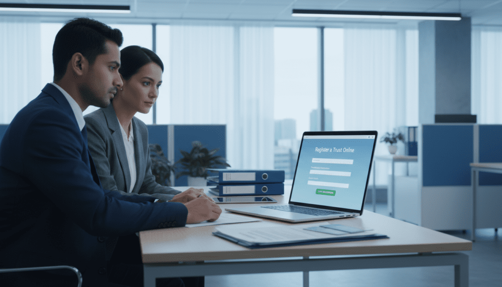 A professional setting that illustrates the process of registering a trust online with HMRC. In the foreground, a diverse group of two businesspeople, one male and one female, are seated at a sleek modern desk, both dressed in smart business attire, focused on a laptop screen displaying a simplified HMRC website interface related to trust registration. In the middle ground, a soft-focus view of documents, including a trust deed and identification papers, lies on the desk. The background features a bright, well-lit office with subtle blue tones, large windows allowing natural daylight to filter in, emphasizing a clean, professional atmosphere. The overall mood conveys efficiency and clarity, highlighting the importance of being prepared before starting the registration process. A professional setting that illustrates the process of registering a trust online with HMRC. In the foreground, a diverse group of two businesspeople, one male and one female, are seated at a sleek modern desk, both dressed in smart business attire, focused on a laptop screen displaying a simplified HMRC website interface related to trust registration. In the middle ground, a soft-focus view of documents, including a trust deed and identification papers, lies on the desk. The background features a bright, well-lit office with subtle blue tones, large windows allowing natural daylight to filter in, emphasizing a clean, professional atmosphere. The overall mood conveys efficiency and clarity, highlighting the importance of being prepared before starting the registration process.