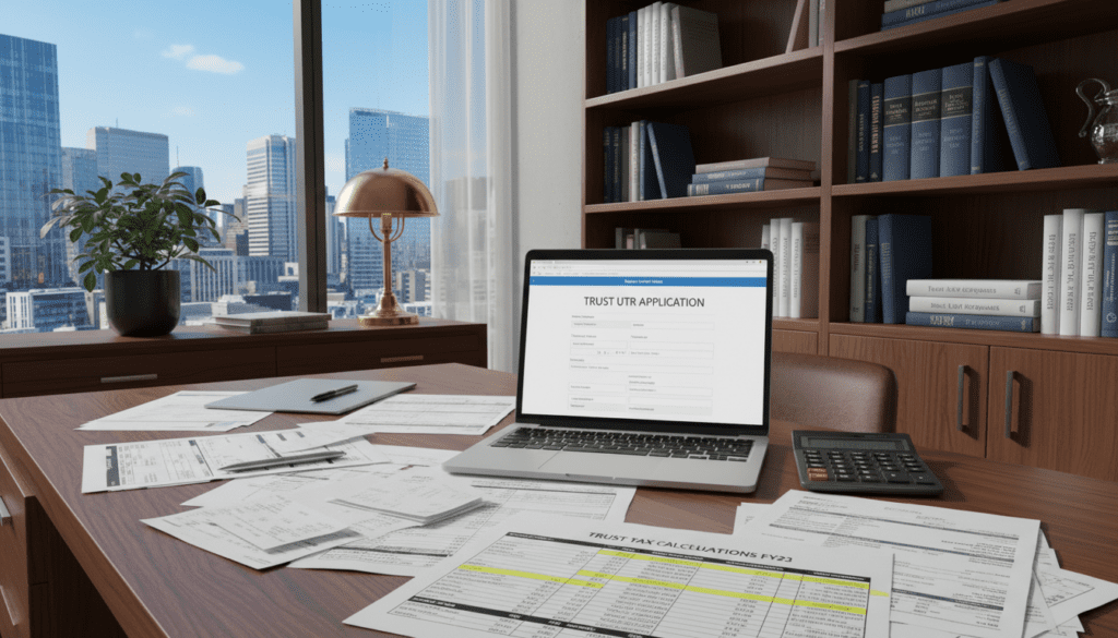 A professional setting with a focus on a tax consultant's desk adorned with financial documents, a laptop displaying a digital interface of a Trust UTR application, and a calculator. In the foreground, an organized stack of papers with a highlighted spreadsheet indicating trust tax calculations. The middle ground features a stylish office backdrop with shelves filled with books on finance and tax regulations, accentuated by a soft glow from a desk lamp. In the background, a window showcases a cityscape under a clear blue sky, symbolizing a sense of authority and professionalism. The overall mood is focused and productive, captured with warm lighting to evoke trust and reliability, shot from a slightly elevated angle to give a comprehensive view of the workspace. A professional setting with a focus on a tax consultant's desk adorned with financial documents, a laptop displaying a digital interface of a Trust UTR application, and a calculator. In the foreground, an organized stack of papers with a highlighted spreadsheet indicating trust tax calculations. The middle ground features a stylish office backdrop with shelves filled with books on finance and tax regulations, accentuated by a soft glow from a desk lamp. In the background, a window showcases a cityscape under a clear blue sky, symbolizing a sense of authority and professionalism. The overall mood is focused and productive, captured with warm lighting to evoke trust and reliability, shot from a slightly elevated angle to give a comprehensive view of the workspace.