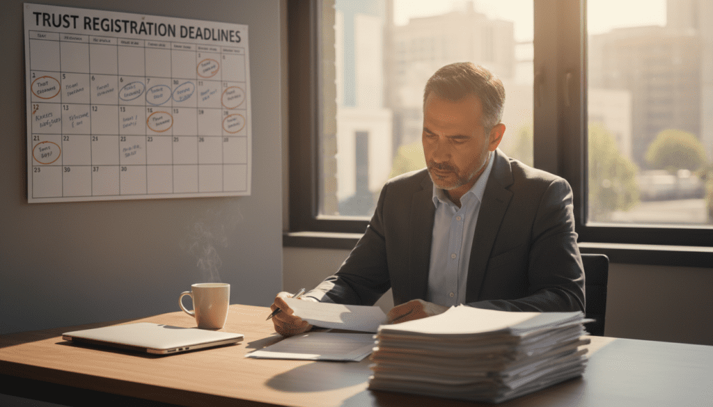 A professional trustee in a neatly organized office setting, focused intently on a calendar marked with important deadlines and dates related to trust registration. In the foreground, a neatly arranged desk with a laptop and a stack of documents, alongside a cup of coffee steaming gently. In the middle ground, the trustee, a middle-aged person of diverse ethnicity, dressed in a smart business suit, writing notes and thoughtfully reviewing information on a legal document. The background features a large window with natural light filtering through, creating a warm and conducive work atmosphere. Soft shadows enhance the depth, reflecting a sense of urgency and diligence in meeting deadlines. The mood is serious yet optimistic, highlighting the importance of the trustee's role in managing timelines effectively. A professional trustee in a neatly organized office setting, focused intently on a calendar marked with important deadlines and dates related to trust registration. In the foreground, a neatly arranged desk with a laptop and a stack of documents, alongside a cup of coffee steaming gently. In the middle ground, the trustee, a middle-aged person of diverse ethnicity, dressed in a smart business suit, writing notes and thoughtfully reviewing information on a legal document. The background features a large window with natural light filtering through, creating a warm and conducive work atmosphere. Soft shadows enhance the depth, reflecting a sense of urgency and diligence in meeting deadlines. The mood is serious yet optimistic, highlighting the importance of the trustee's role in managing timelines effectively.