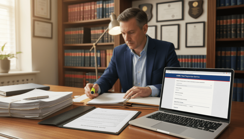 A professional workspace featuring a wooden desk neatly arranged with documents related to trust registration. In the foreground, there’s a stylish laptop displaying HMRC's online registration portal, accompanied by a neatly stacked stack of legal papers and a pen. In the middle, a focused individual in professional business attire is reviewing documents with a look of concentration. The background shows a well-organized office with bookshelves filled with legal texts and certificates, with soft ambient lighting creating a warm and inviting atmosphere. The scene is captured with a shallow depth of field, emphasizing the documents and the individual, evoking a mood of diligence and trustworthiness.
