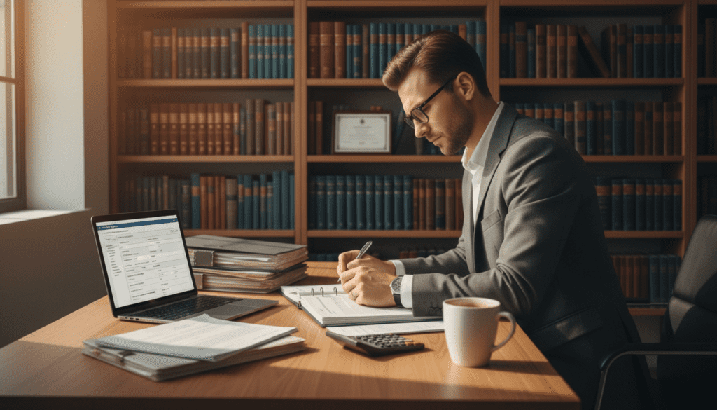 A professionally designed workspace that illustrates the process of gathering information for registration. In the foreground, a sleek wooden desk holds essential items: neatly organized paperwork, a laptop displaying a digital form, and a calculator beside a tall cup of coffee. In the middle, a focused individual in business attire is reviewing documents, with a look of concentration on their face. The atmosphere is bright and inviting, thanks to warm, natural light filtering through a nearby window, creating soft shadows. In the background, bookshelves filled with legal and financial texts add depth, hinting at the importance of accurate information for the registration process. The overall mood is one of diligence and preparation, capturing the essence of the registration requirements. A professionally designed workspace that illustrates the process of gathering information for registration. In the foreground, a sleek wooden desk holds essential items: neatly organized paperwork, a laptop displaying a digital form, and a calculator beside a tall cup of coffee. In the middle, a focused individual in business attire is reviewing documents, with a look of concentration on their face. The atmosphere is bright and inviting, thanks to warm, natural light filtering through a nearby window, creating soft shadows. In the background, bookshelves filled with legal and financial texts add depth, hinting at the importance of accurate information for the registration process. The overall mood is one of diligence and preparation, capturing the essence of the registration requirements.