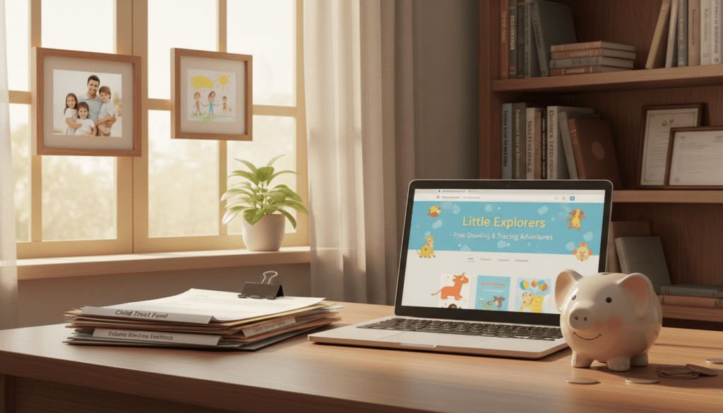 A serene and organized workspace illustrating the concept of "child trust" in a metaphorical way. In the foreground, a wooden desk adorned with neatly stacked papers labeled with child-related financial documents, a small decorative piggy bank, and a laptop displaying a child-friendly website indicative of free tracing services. In the middle ground, a warm, inviting light filters in through a window, highlighting a family portrait in modest frames, depicting parents and children—a subtle representation of trust and security. The background features soft shelves filled with books on finance and childhood development, creating an atmosphere of knowledge and reassurance. The mood is professional yet friendly, evoking a sense of guidance and support for parents navigating the world of Child Trust Funds.