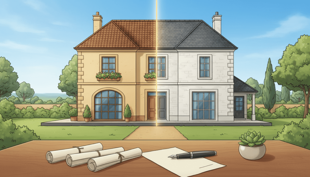 A serene and professional illustration depicting a split ownership of property through a visualization of two distinct sectors of a house, gracefully divided down the center. The foreground features a sleek, modern table with legal documents, a pen, and a small potted plant, symbolizing partnership and trust. In the middle, the house is presented in an elegant architectural style, each side tailored to reflect diverse ownership: one side showcasing a warm, inviting color palette while the other side displays a more formal, neutral design. The background includes a lush garden, with clear blue skies, suggesting a sense of harmony and continuity. Soft, natural lighting illuminates the scene, enhancing the mood of professionalism and collaboration, viewed from a slightly elevated angle to capture the entirety of the property. Emphasize the concept of shared ownership without including any human figures. A serene and professional illustration depicting a split ownership of property through a visualization of two distinct sectors of a house, gracefully divided down the center. The foreground features a sleek, modern table with legal documents, a pen, and a small potted plant, symbolizing partnership and trust. In the middle, the house is presented in an elegant architectural style, each side tailored to reflect diverse ownership: one side showcasing a warm, inviting color palette while the other side displays a more formal, neutral design. The background includes a lush garden, with clear blue skies, suggesting a sense of harmony and continuity. Soft, natural lighting illuminates the scene, enhancing the mood of professionalism and collaboration, viewed from a slightly elevated angle to capture the entirety of the property. Emphasize the concept of shared ownership without including any human figures.