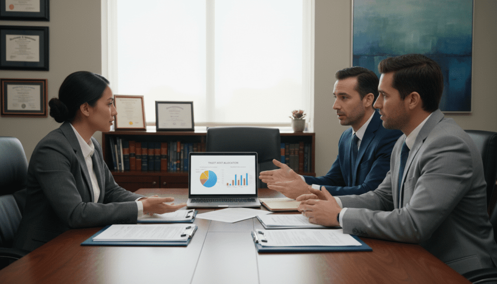 A serene and professional office setting, showcasing a diverse group of three business people engaged in a discussion around a large conference table. The foreground features a polished wooden table with open legal documents and a laptop displaying charts related to trusts. In the middle, the individuals—one woman in a smart business suit, and two men in professional attire—are interacting thoughtfully, pointing to the documents, symbolizing collaboration in trust and probate management. The background includes a large window with soft, natural light streaming in, illuminating framed certificates and financial books on the shelves. The atmosphere is one of professionalism, trust, and clarity, perfectly reflecting the complexity and support around discretionary trusts. A serene and professional office setting, showcasing a diverse group of three business people engaged in a discussion around a large conference table. The foreground features a polished wooden table with open legal documents and a laptop displaying charts related to trusts. In the middle, the individuals—one woman in a smart business suit, and two men in professional attire—are interacting thoughtfully, pointing to the documents, symbolizing collaboration in trust and probate management. The background includes a large window with soft, natural light streaming in, illuminating framed certificates and financial books on the shelves. The atmosphere is one of professionalism, trust, and clarity, perfectly reflecting the complexity and support around discretionary trusts.