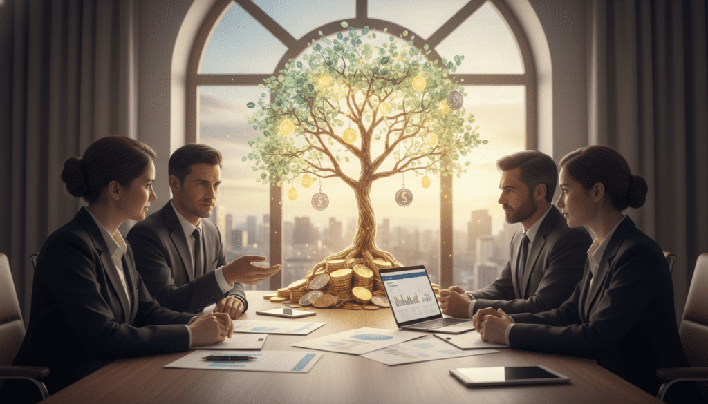 A serene and professional scene depicting the concept of "trust" in the context of charitable investment trusts. In the foreground, a diverse group of three individuals in professional business attire, engaged in a thoughtful discussion around a table with documents and a laptop open, symbolizing collaboration and trust in financial matters. In the middle, a subtle infusion of a transparent trust fund concept, represented by a glowing tree growing from a stack of coins, which symbolizes growth and sustainability. The background features a large window showing a calm cityscape, with soft natural lighting filtering in, creating an inspiring and optimistic atmosphere. The image should have a warm, inviting color palette, emphasizing trust and partnership in charitable endeavors. A serene and professional scene depicting the concept of "trust" in the context of charitable investment trusts. In the foreground, a diverse group of three individuals in professional business attire, engaged in a thoughtful discussion around a table with documents and a laptop open, symbolizing collaboration and trust in financial matters. In the middle, a subtle infusion of a transparent trust fund concept, represented by a glowing tree growing from a stack of coins, which symbolizes growth and sustainability. The background features a large window showing a calm cityscape, with soft natural lighting filtering in, creating an inspiring and optimistic atmosphere. The image should have a warm, inviting color palette, emphasizing trust and partnership in charitable endeavors.