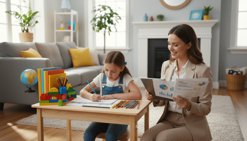 A serene family scene in a cozy living room, showcasing a child at a desk filled with colorful educational materials, symbolizing a child trust fund. In the foreground, a young child, around 7 years old, joyfully drawing on a notepad, surrounded by a few books and toys. In the middle ground, a parent reviewing financial documents related to the trust fund, dressed in professional business attire, indicating careful planning. The background features a soft, inviting atmosphere with natural light streaming through a window, casting warm shadows. Bright colors symbolize hope and future opportunities, creating a positive and uplifting mood. The overall composition emphasizes the importance of financial education and trust in providing for children's futures, without any text or additional distractions.