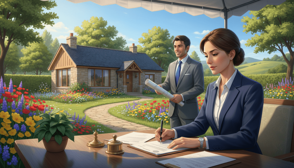 A serene landscape depicting a tranquil land property, featuring a well-maintained garden with vibrant flowers and a charming pathway leading to a modest yet elegant house. In the foreground, a professional individual, dressed in smart business attire, examines documents on a wooden table set up outdoors, signifying the registration process. In the middle ground, lush green trees frame the property, while a clear blue sky emits soft, warm sunlight, creating a welcoming atmosphere. In the background, a gently sloping hill adds depth to the scene, enhancing the peaceful and secure feeling of owning land. The overall mood is professional yet inviting, ideal for illustrating the concept of property ownership.