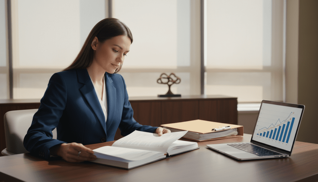 A serene office environment conveying the concept of transferring assets into trust. In the foreground, a confident professional woman in a business suit is sitting at a sleek wooden desk, examining legal documents with a thoughtful expression. In the middle, a small stack of open files and a laptop display charts illustrating financial growth. In the background, soft natural light filters through large windows, casting gentle shadows, and enhancing a calm atmosphere. The color palette features warm, muted tones to evoke trust and stability. The composition captures a sense of deliberation and care, reflecting the importance of safeguarding family wealth through legal frameworks. No individuals are shown in inappropriate attire, maintaining a professional demeanor throughout the image.