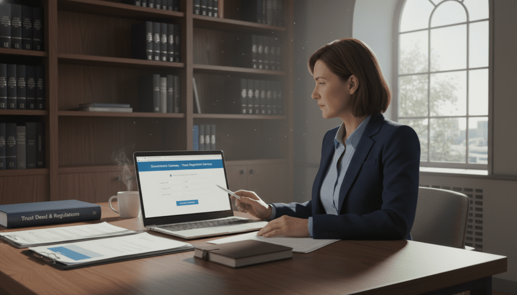 A serene office environment depicting a modern workspace for trustees setting up their Government Gateway for the Trust Registration Service. In the foreground, a well-organized desk with a laptop open, displaying a user-friendly portal interface, alongside important documents neatly arranged. In the middle ground, a professional individual in smart business attire, attentively reviewing the materials, their expression focused and contemplative. The background features shelves filled with books related to finance and law, with soft natural light streaming in through a window, creating a calm and productive atmosphere. The overall mood is one of professionalism and diligence, emphasizing the importance of the task at hand in a contemporary setting. A serene office environment depicting a modern workspace for trustees setting up their Government Gateway for the Trust Registration Service. In the foreground, a well-organized desk with a laptop open, displaying a user-friendly portal interface, alongside important documents neatly arranged. In the middle ground, a professional individual in smart business attire, attentively reviewing the materials, their expression focused and contemplative. The background features shelves filled with books related to finance and law, with soft natural light streaming in through a window, creating a calm and productive atmosphere. The overall mood is one of professionalism and diligence, emphasizing the importance of the task at hand in a contemporary setting.
