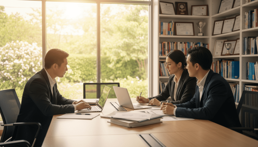 A serene office environment designed for a charitable trust meeting, highlighting professionalism and collaboration. In the foreground, a diverse group of three individuals, dressed in smart business attire, are engaged in a discussion around a sleek conference table, with documents and a laptop open, symbolizing planning and strategy. The middle ground features a large window allowing natural light to flood the room, with greenery visible outside, representing growth and hope. In the background, shelves filled with books and framed philanthropic accomplishments add depth and context. The lighting is warm and inviting, creating an atmosphere of focus and ambition, while employing a soft focus lens effect to enhance the sense of intimacy and purpose.