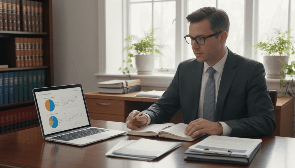 A serene office environment featuring a clean desk with neatly arranged documents about trusts. In the foreground, an elegant wooden table holds a sophisticated laptop displaying charts and graphs related to trust types. A well-dressed professional, wearing smart business attire, is seated, actively engaged in analyzing the information. In the middle ground, a large window allows soft natural light to spill into the room, creating a warm atmosphere. Potted plants add a touch of greenery, enhancing the calm vibe. In the background, a bookshelf filled with legal texts on trusts and financial documents is visible. The scene conveys a sense of professionalism and clarity, perfect for understanding the complexities of various trust types. A serene office environment featuring a clean desk with neatly arranged documents about trusts. In the foreground, an elegant wooden table holds a sophisticated laptop displaying charts and graphs related to trust types. A well-dressed professional, wearing smart business attire, is seated, actively engaged in analyzing the information. In the middle ground, a large window allows soft natural light to spill into the room, creating a warm atmosphere. Potted plants add a touch of greenery, enhancing the calm vibe. In the background, a bookshelf filled with legal texts on trusts and financial documents is visible. The scene conveys a sense of professionalism and clarity, perfect for understanding the complexities of various trust types.