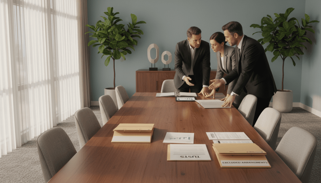 A serene office environment featuring a large wooden conference table, softly illuminated by warm, natural light filtering through tall windows. In the foreground, an arrangement of official documents and folders labeled as "Trusts" and "Excluded Arrangements" are visibly placed on the table. The middle ground shows several professionals in business attire engaged in a thoughtful discussion, examining the documents. A sideboard in the background displays abstract art pieces and potted plants, contributing to the calm atmosphere. The overall mood is one of contemplation and clarity, with a focus on the complexities of trust registration and the nuances of excluded arrangements. The scene captures the essence of deliberation and professionalism in the context of financial regulations. A serene office environment featuring a large wooden conference table, softly illuminated by warm, natural light filtering through tall windows. In the foreground, an arrangement of official documents and folders labeled as "Trusts" and "Excluded Arrangements" are visibly placed on the table. The middle ground shows several professionals in business attire engaged in a thoughtful discussion, examining the documents. A sideboard in the background displays abstract art pieces and potted plants, contributing to the calm atmosphere. The overall mood is one of contemplation and clarity, with a focus on the complexities of trust registration and the nuances of excluded arrangements. The scene captures the essence of deliberation and professionalism in the context of financial regulations.
