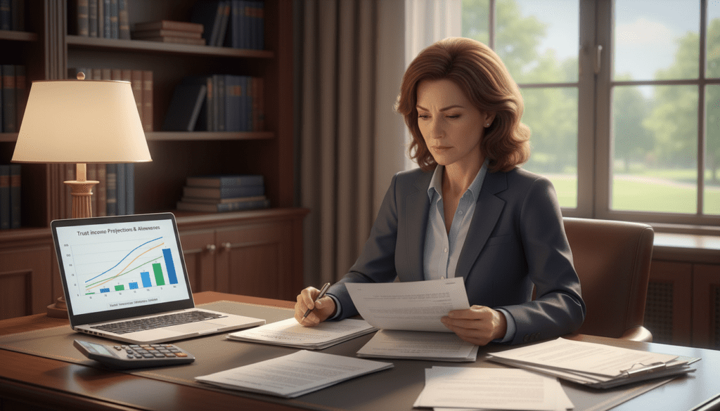 A serene office environment featuring a wooden desk adorned with neatly stacked financial documents, a calculator, and a laptop displaying colorful charts related to trust income calculations. In the foreground, a focused individual in smart business attire, a middle-aged woman, is diligently reviewing the paperwork under warm, soft lighting that creates a professional yet inviting atmosphere. The middle ground includes a stylish bookshelf filled with law and finance books, while the background features a window with a soft view of green trees outside, suggesting a sense of stability and growth. The image captures a sense of professionalism, diligence, and trust, reflecting the serious nature of managing trust income tax and allowances. A serene office environment featuring a wooden desk adorned with neatly stacked financial documents, a calculator, and a laptop displaying colorful charts related to trust income calculations. In the foreground, a focused individual in smart business attire, a middle-aged woman, is diligently reviewing the paperwork under warm, soft lighting that creates a professional yet inviting atmosphere. The middle ground includes a stylish bookshelf filled with law and finance books, while the background features a window with a soft view of green trees outside, suggesting a sense of stability and growth. The image captures a sense of professionalism, diligence, and trust, reflecting the serious nature of managing trust income tax and allowances.